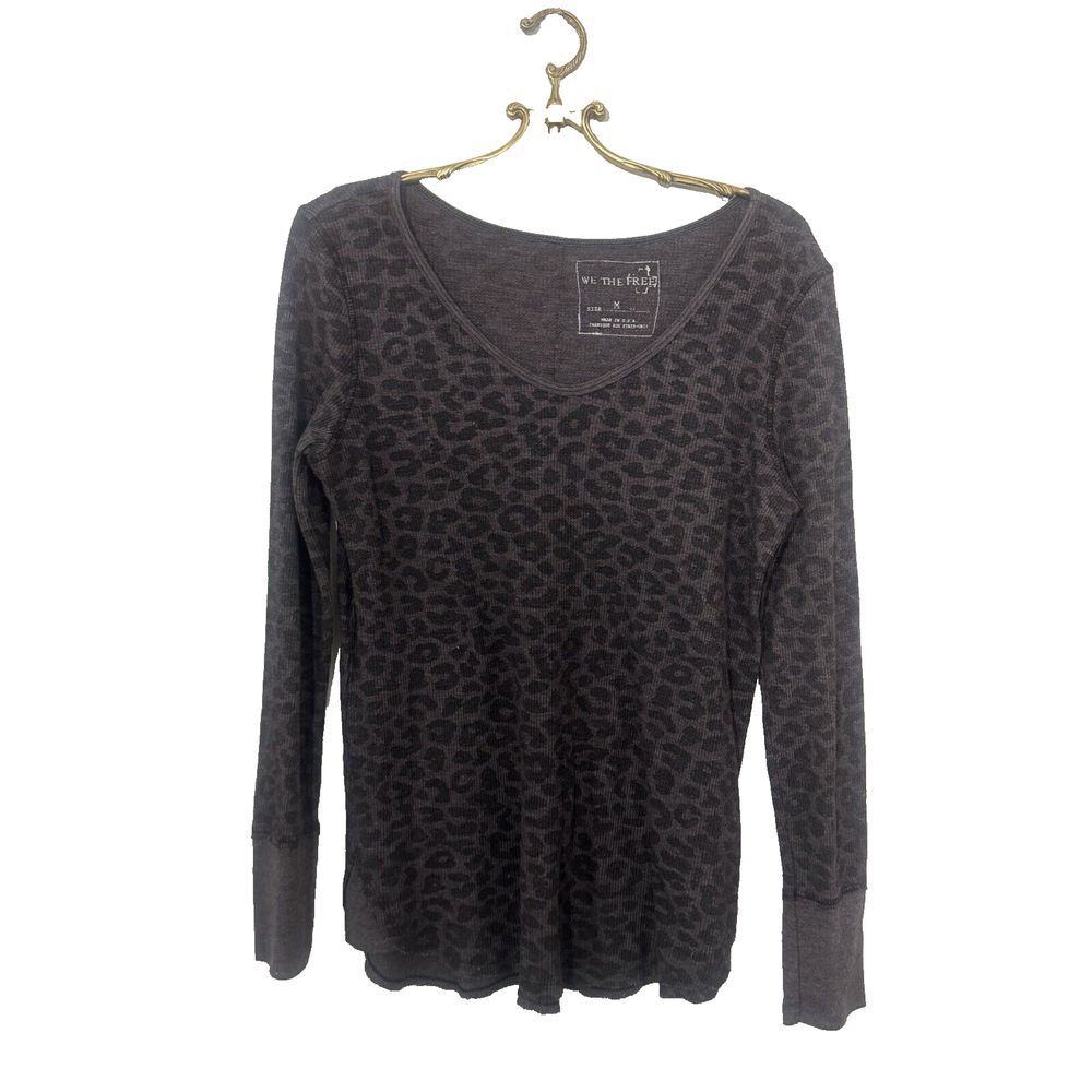 Womens We The Free  Leopard Thermal Long Sleeve‎ Top Brown Black Medium